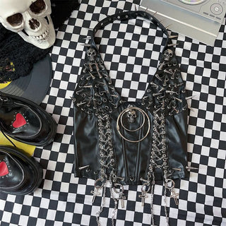 Halter PU leather o ring rivet applique metal chain top