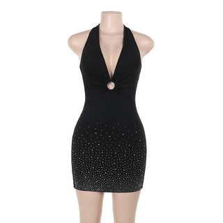 Halter self tie beaded ruched v neck mini dress