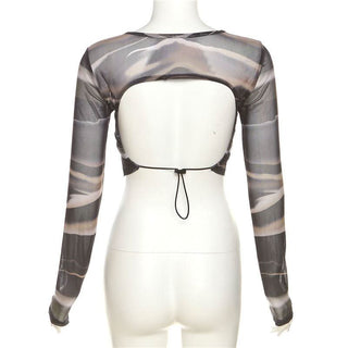 Long sleeve crewneck mesh backless crop top