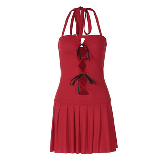 Halter bowknot ruched hollow out cut out mini dress