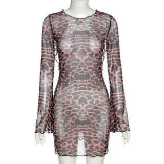 Sheer mesh leopard print contrast see through self tie backless mini dress