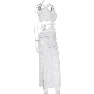 U neck knitted o ring see through tank midi dress