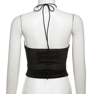 Halter velvet flower applique backless top