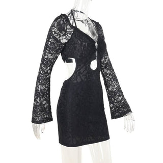 Halter long sleeve lace hollow out o ring cut out mini dress