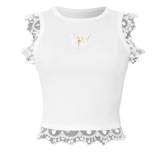 Lace hem ribbed butterfly applique top