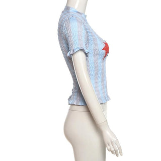 Short sleeve crewneck ruffle smocked letter print top