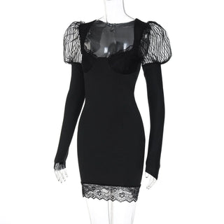 Long sleeve lace hem u neck solid mini dress