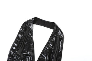 Halter PU leather lace patchwork ruched drawstring mini dress