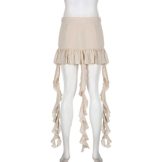 Ruffle ribbon zip-up bowknot button pocket mini skirt