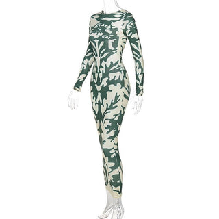 Long sleeve backless print midi dress