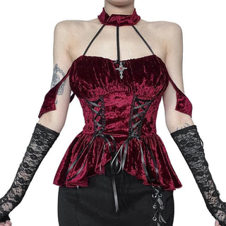 Halter velvet cross applique lace up top