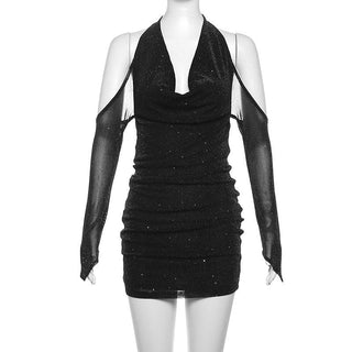 Long sleeve off shoulder halter cowl neck glitter mesh mini dress