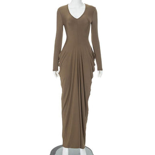 V neck long sleeve cowl neck solid maxi dress