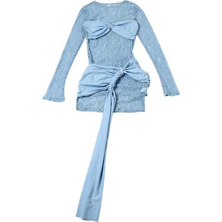 Long sleeve lace patchwork ruched mini dress