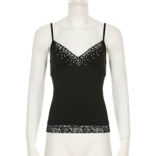 Beaded v neck lace hem backless cami top