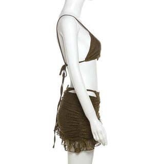 Lace ruffle cami 3 piece mini skirt set