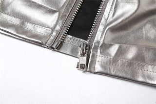 Solid metallic sleeveless zip-up hollow out buckle tube cut out top