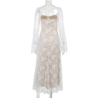 Long flared sleeve contrast zip-up lace self tie maxi dress-final-sale