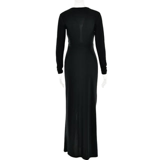 Long sleeve v neck ruched slit solid irregular maxi dress-final-sale