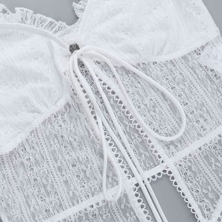 Ruffle v neck lace cap sleeve self tie crop top