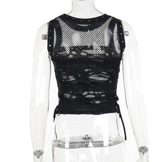 Crewneck fishnet buckle hollow out lace up tank cut out top