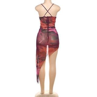 Sheer mesh cross back ruched print irregular cami midi dress