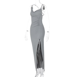 Cowl neck slit ruched cross back midi dress