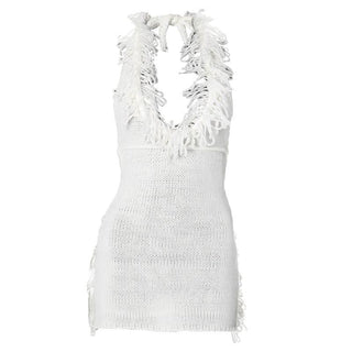 Halter self tie tassels knitted backless mini dress