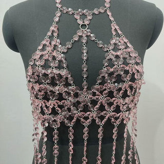 Halter o ring hollow out crystal tassels cut out top