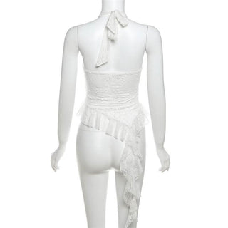 Halter mesh ruffle backless top