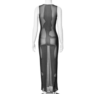 Sleeveless crewneck body print sheer mesh maxi dress