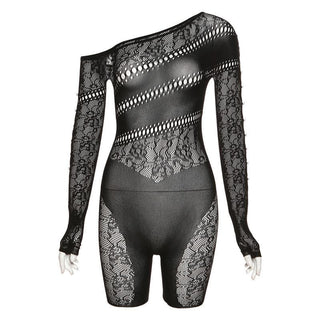 Off shoulder gloves long sleeve lace fishnet button see through romper