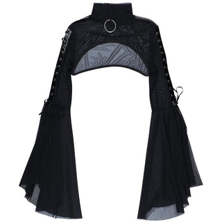 Flared sleeve o ring sheer mesh lace up shrug high neck top