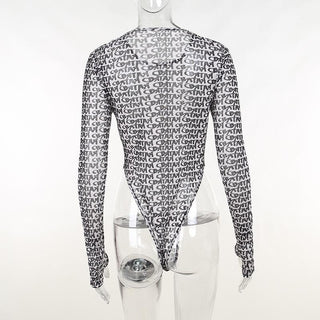 Long sleeve round neck contrast print sheer mesh gloves bodysuit