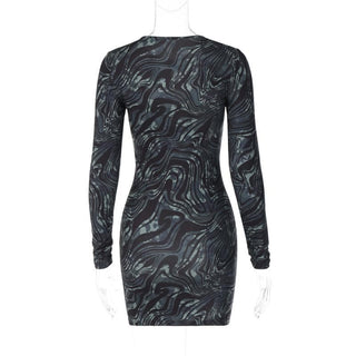 Ripple contrast long sleeve hollow out crewneck cut out mini dress
