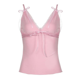 Ribbon bowknot lace hem v neck cami top