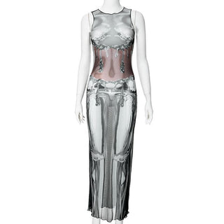 Sleeveless crewneck body print sheer mesh maxi dress