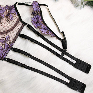 Embroidery metal chain mesh garter lingerie set