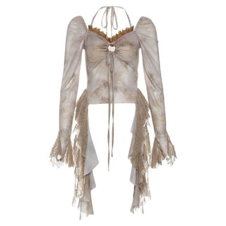 Long sleeve v neck hollow out lace hem halter cut out top