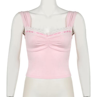 Lace hem ruched ribbon 2-way cami top