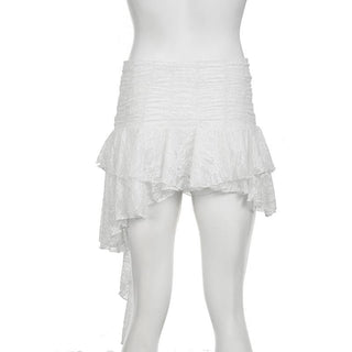 Ruched lace patchwork ruffle irregular mini skirt