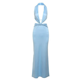 Halter deep v neck ruched backless maxi dress