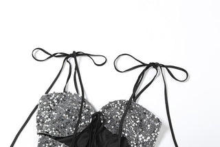 Glitter hollow out self tie backless v neck cami cut out top