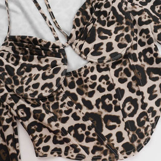 Leopard print halter long sleeve hollow out cut out top