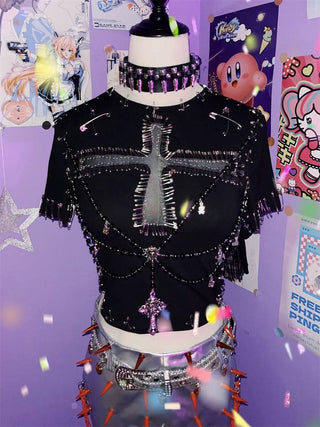 Short sleeve beaded cross pattern top