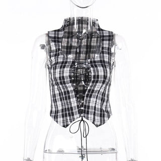 Plaid sleeveless lace up corset top
