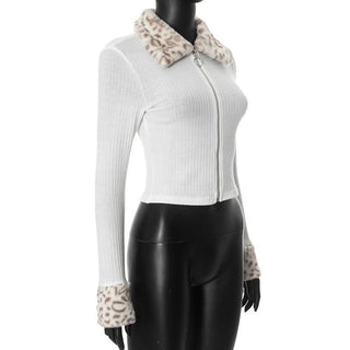Zip-up long sleeve turnover collar leopard fluffy top