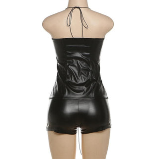 Lace up PU leather halter self tie metallic pant set