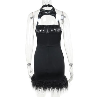 Hollow out halter fluffy backless button solid cut out mini dress