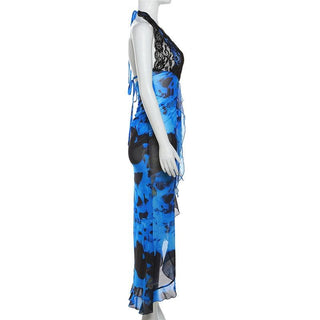 Self tie halter lace hem irregular backless contrast maxi dress